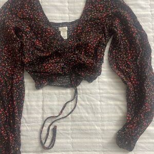 H&M Black Floral Blouse with Red and Green Accents
